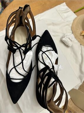 Aquazzura Black Suede Pointed-Toe Lace-Up Flats